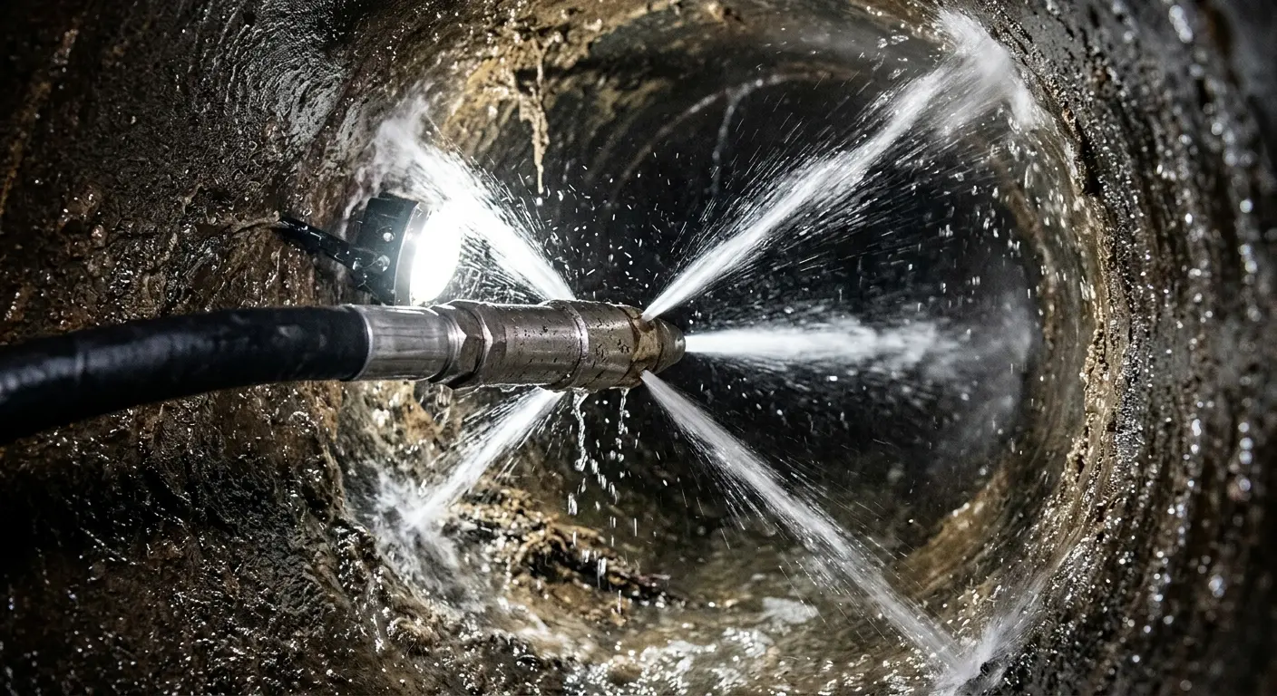High-pressure hydro jetting nozzle cleaning sewer pipe for Emergency Drain Service in Vashon