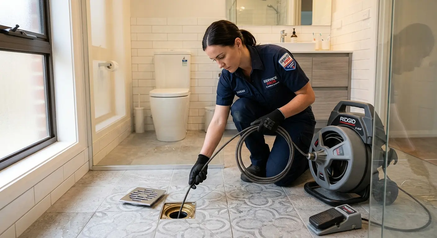 Technician clearing a bathroom floor drain for Drain Cleaning in Vashon